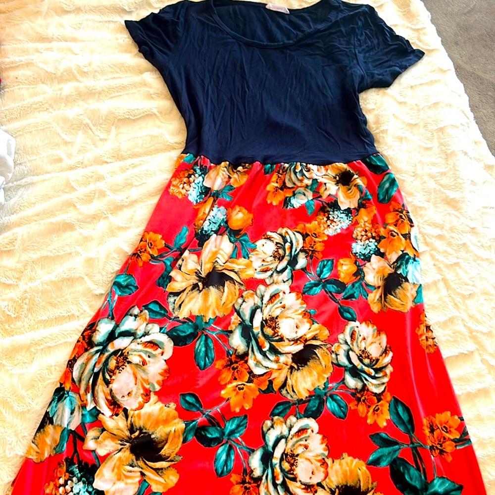 WOMENS Navy Coral Floral MIDI DRESS SMALL